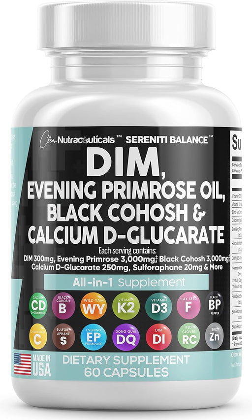 Clean Nutraceuticals DIM 300Mg Evening Primrose 3000Mg Black Cohosh 3000Mg Calcium D-Glucarate 250Mg Sulforaphane Flax Seed Extract - Hormonal Support Vitamins for Women with Dong Quai - 60 Caps