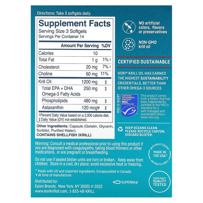 Kori, Pure Antarctic Krill Oil, Multi-Benefit Omega-3, 400 mg, 42 Softgels