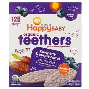 Happy Family Organics, Organic Teethers, Gentle Teething Wafers, Sitting Baby, Blueberry & Purple Carrot, 12 Packs, 0.14 oz (4 g) Each - HealthCentralUSA