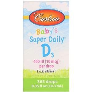 Carlson Labs, Baby's Super Daily D3, 10 mcg (400 IU), 0.35 fl oz (10.3 ml) - HealthCentralUSA