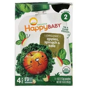 Happy Family Organics, Happy Baby, Organics, Stage 2, 6+ Months, Apples, Spinach & Kale, 4 Pouches, 4 oz (113 g) Each - HealthCentralUSA