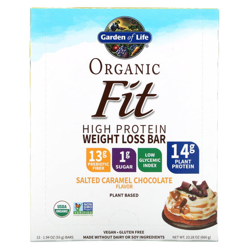 Garden of Life, Organic Fit, High Protein Weight Loss Bar, Salted Caramel Chocolate, 12 Bars, 1.94 oz (55 g) Each - HealthCentralUSA