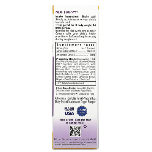 Bioray, NDF Happy, Removes Unwanted Organisms & Toxins, Kids, Peach Flavor, 2 fl oz. (60 ml) - HealthCentralUSA