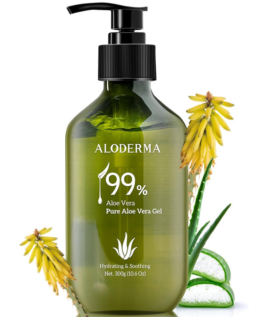 Aloderma 99% Organic Aloe Vera Gel Made within 12 Hours of Harvest - Lightweight, Non-Sticky Aloe Gel for Face and Body, Sunburn Relief, Natural, Soothing Hydrating Aloe Vera for Scalp & Hair, 10.6Oz
