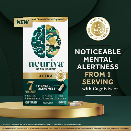 NEURIVA Ultra Decaffeinated Clinically Tested Nootropic Brain Supplement for Mental Alertness, Memory, Focus & Concentration, Cognivive, Neurofactor, Phosphatidylserine, Vitamins B6 B12, 60 Capsules
