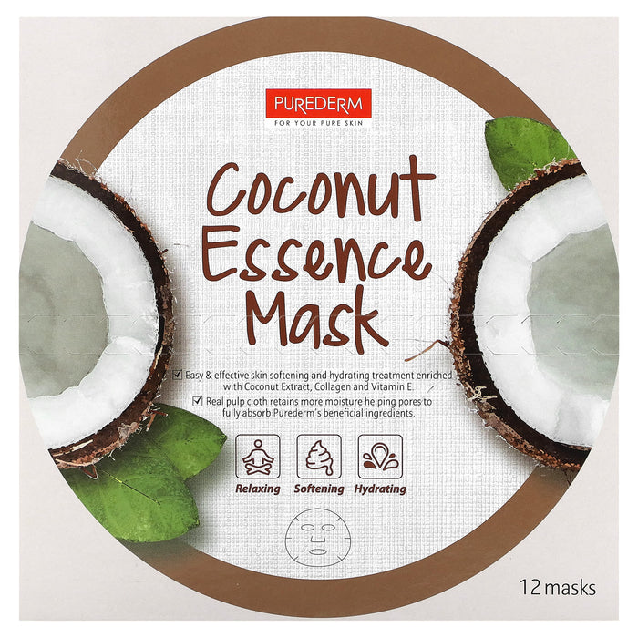 Purederm, Coconut Essence Beauty Mask, 12 Sheets, 0.63 oz (18 g) Each