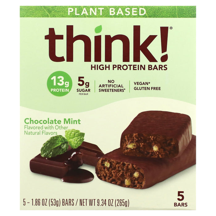 Think !, High Protein Bars, Chocolate Mint, 5 Bars, 1.86 oz (53 g) Each