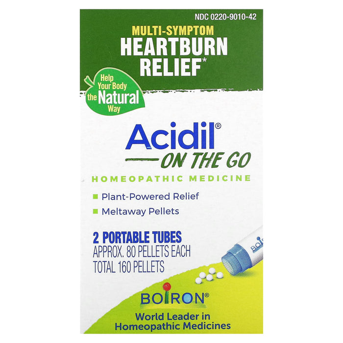 Boiron, Acidil On The Go, Multi-Symptom Heartburn Relief, 2 Portable Tubes, 80 Pellets Each