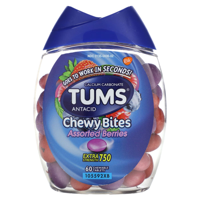 Tums, Antacid, Chewy Bites, Extra Strength, Assorted Berries, 60 Chewable Tablets