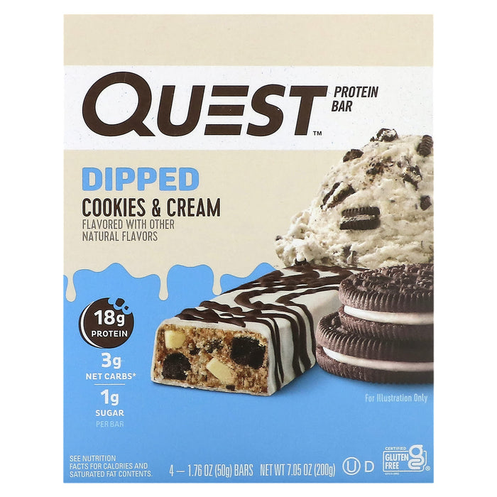 Quest Nutrition, Protein Bar, Dipped Cookies & Cream, 4 Bars, 1.76 oz (50 g) Each