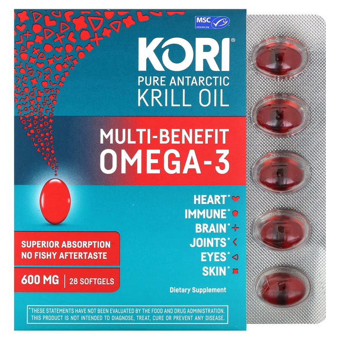Kori, Pure Antarctic Krill Oil, Multi-Benefit Omega-3, 600 mg, 28 Softgels