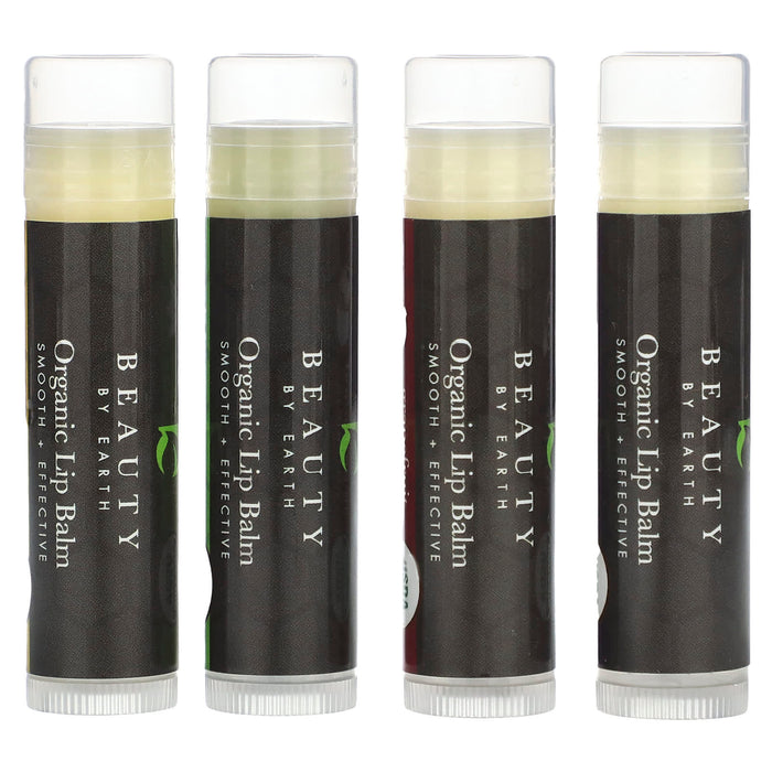 Beauty By Earth, Exotic Multi-Pack Beeswax Lip Balm, Green Tea + Asian Pear + Grapefruit Pomegranate + Acai Berry, 4 Tubes, 0.15 oz Each