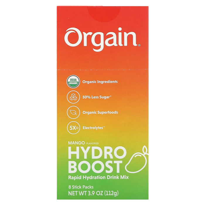 Orgain, Hydro Boost Rapid Hydration Drink Mix, Mango, 8 Stick Packs, 0.49 oz (14 g) Each