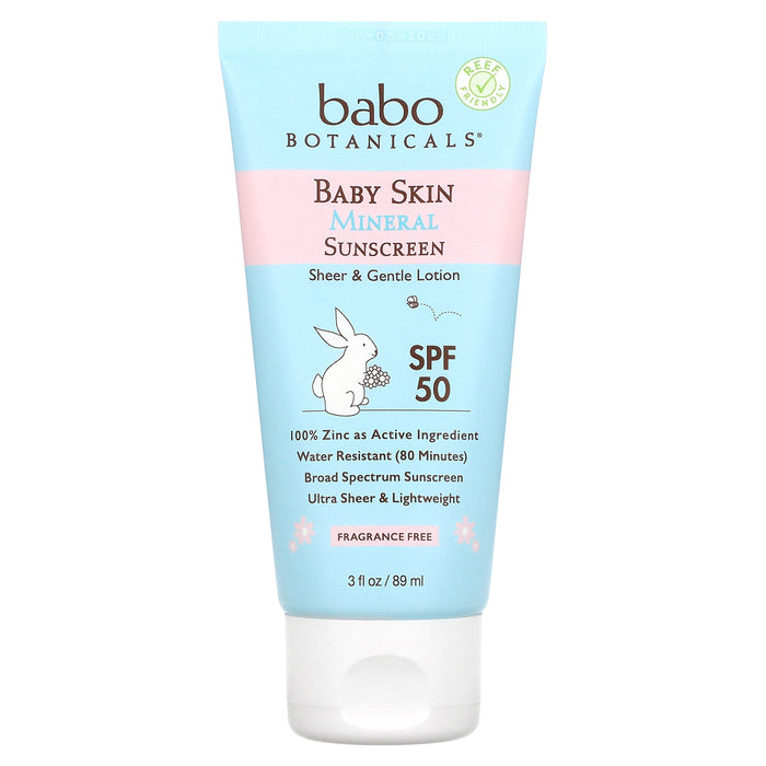 Babo Botanicals, Baby Skin, Mineral Sunscreen Lotion, SPF 50, Fragrance Free, 3 fl oz (89 ml)