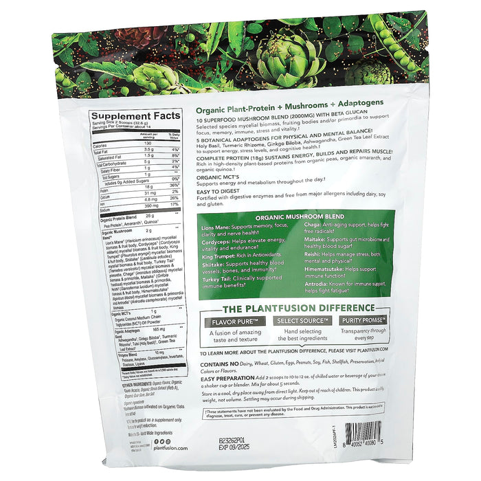 PlantFusion, Organic Mushrooms + Protein, Creamy Vanilla Bean, 1 lb (456 g)