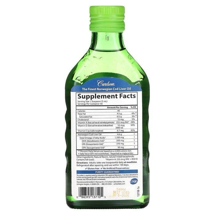 Carlson, Cod Liver Oil, Natural Green Apple , 1,100 mg, 8.4 fl oz (250 ml)
