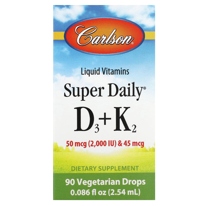 Carlson, Super Daily D3 + K2, 50 mcg (2,000 IU) & 45 mcg, 90 Vegetarian Drops, 0.086 fl oz (2.54 ml)