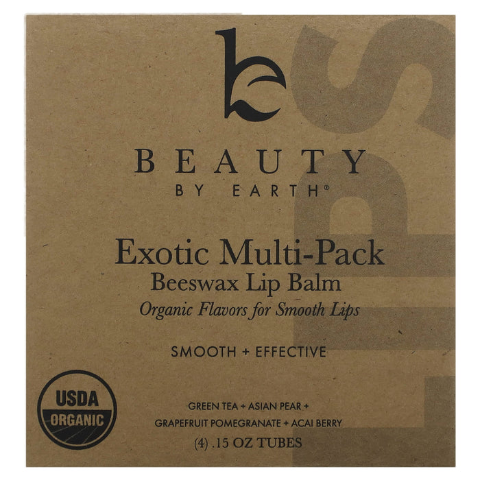 Beauty By Earth, Exotic Multi-Pack Beeswax Lip Balm, Green Tea + Asian Pear + Grapefruit Pomegranate + Acai Berry, 4 Tubes, 0.15 oz Each