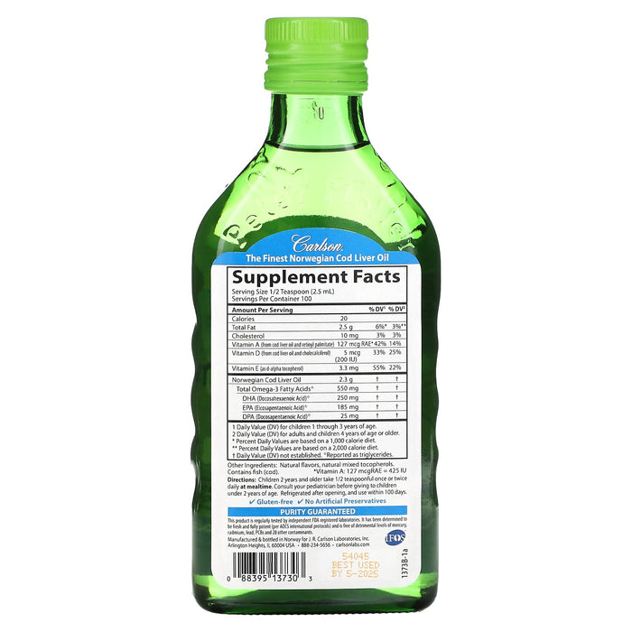 Carlson, Kids Cod Liver Oil, Natural Green Apple , 550 mg, 8.4 fl oz (250 ml)