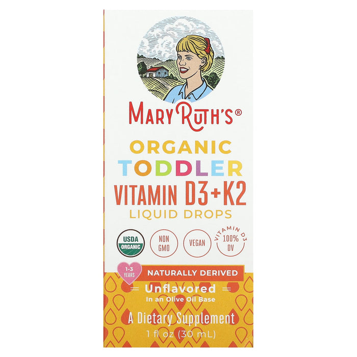 MaryRuth Organics, Organic Toddler Vitamin D3 + K2 Liquid Drops, 1-3 Years, Unflavored, 1 fl oz (30 ml)
