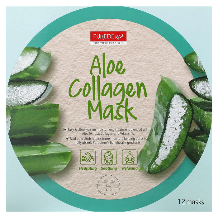 Purederm, Aloe Collagen Beauty Mask, 12 Sheets, 0.63 oz (18 g) Each
