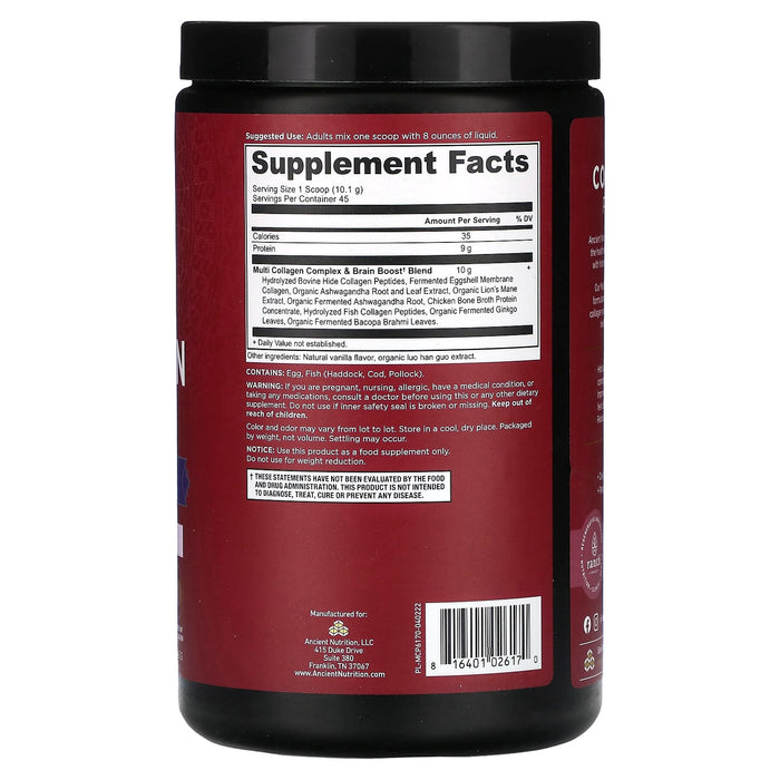 Dr. Axe / Ancient Nutrition, Multi Collagen Protein, Brain Boost, Vanilla, 1 lb (454.5 g)