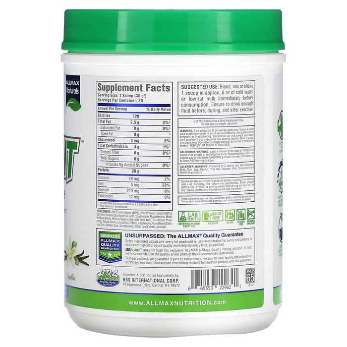 ALLMAX, ISOPLANT, Plant Protein Isolate, Vanilla, 1.32 lbs (600 g)