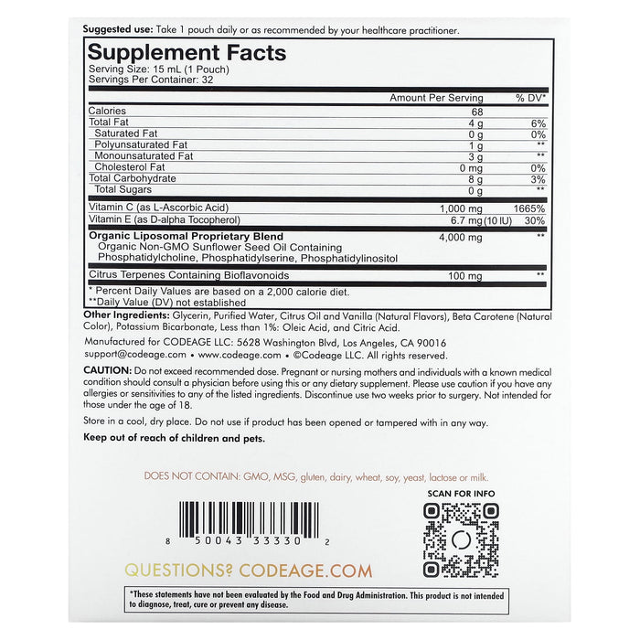 Codeage, Liposomal Vitamin C, Citrus Vanilla, 1,000 mg, 32 Pouches, 0.5 fl oz (15 ml) each