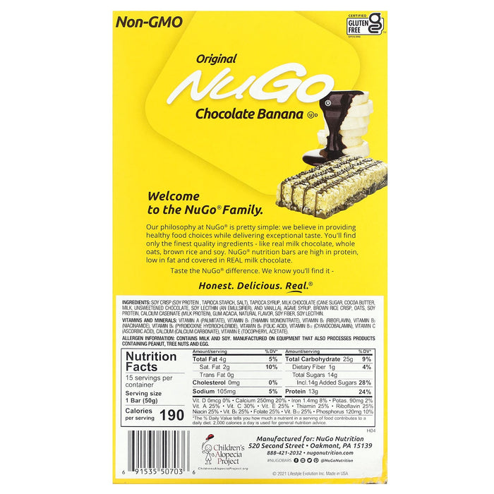 NuGo Nutrition, Chocolate Banana Bars, 15 Bars, 1.76 oz (50 g) Each