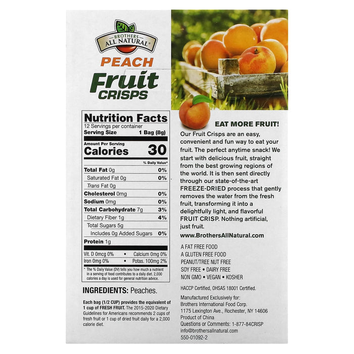 Brothers-All-Natural, Fruit Crisps, Peach, 12 Single Serve Bags, 0.28 oz (8 g) Each