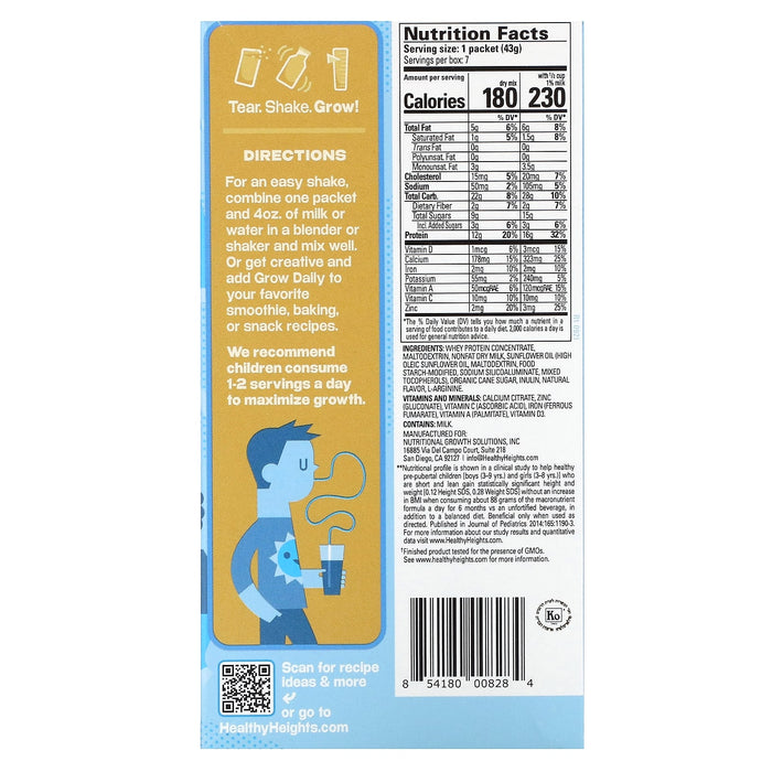 Healthy Heights, Grow Daily, Protein & Nutrition Mix, For Kids 3+, Vanilla, 7 Packets, 1.52 oz (43 g) Each