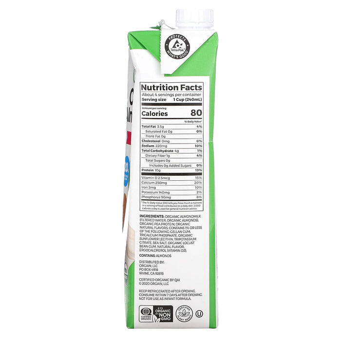 Orgain, Plant-Based, Organic Almondmilk + Protein, Unsweetened Vanilla, 32 fl oz (946 ml)