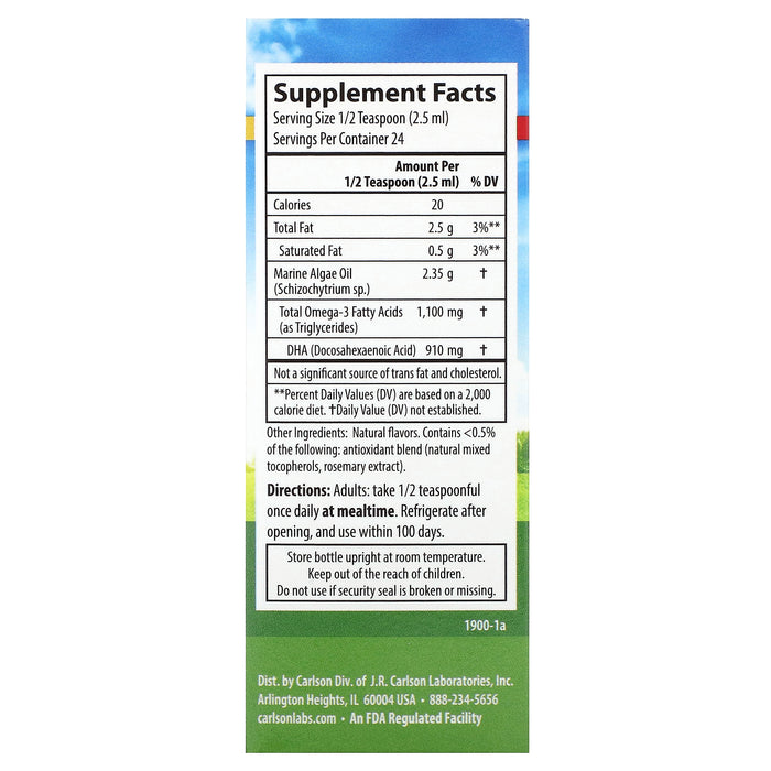 Carlson, Vegetarian DHA, Natural Lemon, 910 mg , 2 fl oz (60 ml)