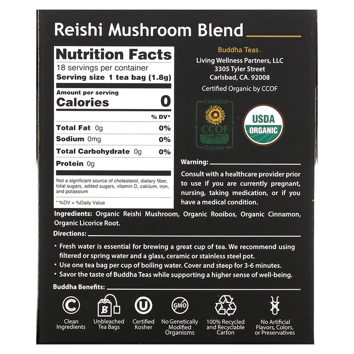 Buddha Teas, Organic Herbal Tea, Reishi Mushroom Blend, Caffeine Free, 18 Tea Bags, 1.14 oz (32 g)