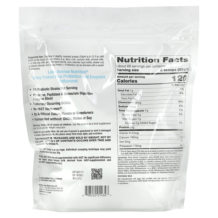 Lake Avenue Nutrition, Whey Protein Plus Probiotics and Enzymes, Unflavored, 5 lb (2.27 kg)