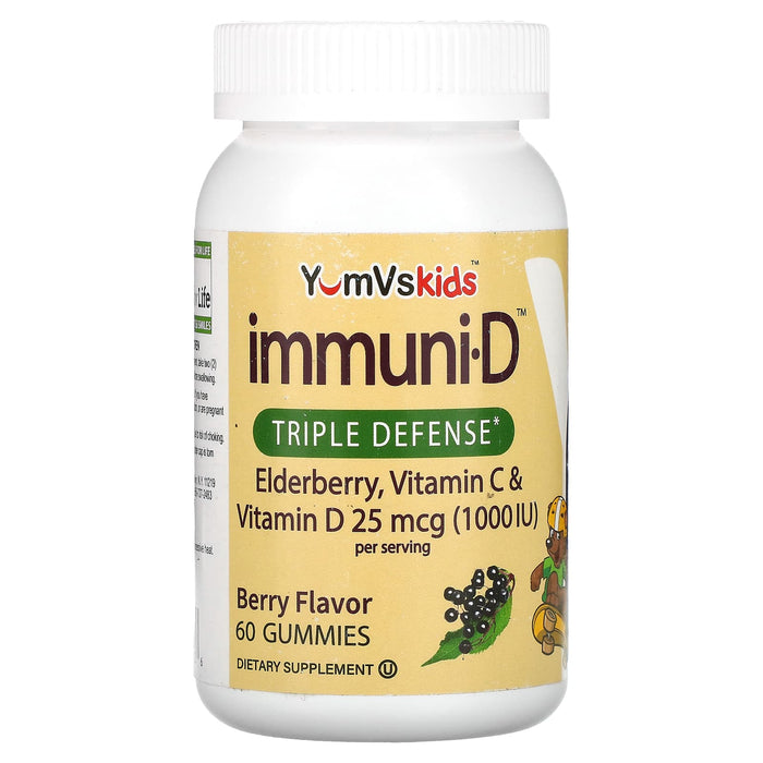 YumV's, Kid's Elderberry, Vitamin C & Vitamin D, Triple Defense, Berry, 25 mcg (1,000 IU), 60 Gummies