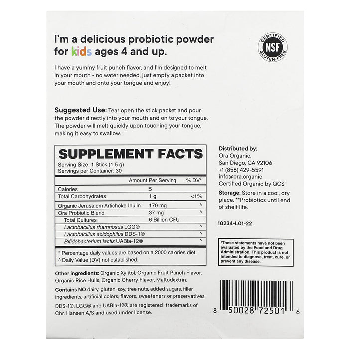 Ora, Trust Your Gut, Pre + Probiotic Pixie Powder, For Kids, Fruit Punch, 6 Billion, 30 Sticks, 0.05 oz (1.5 g) Each
