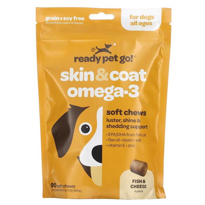 Ready Pet Go, Skin & Coat Omega-3, For Dogs, All Ages, Fish & Cheese, 90 Soft Chews, 12.7 oz (360 g)