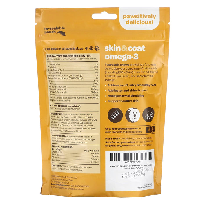 Ready Pet Go, Skin & Coat Omega-3, For Dogs, All Ages, Fish & Cheese, 90 Soft Chews, 12.7 oz (360 g)