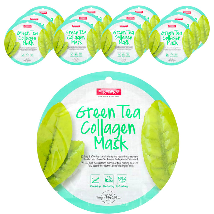 Purederm, Green Tea Collagen Beauty Mask, 12 Sheets, 0.63 oz (18 g) Each