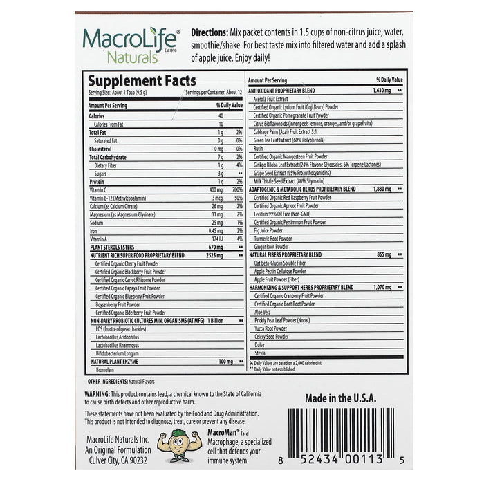 Macrolife Naturals, Miracle Reds, Superfood, Goji, Pomegranate, Acai, Mangosteen, 12 Packets, 0.3 oz (9.5 g) Each