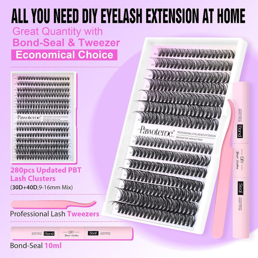 Pawotence Lash Extension Kit DIY 280Pcs Lash Clusters Eyelash Extension Kit, 9-16Mm Mix 30D 40D Curl Individual Lashes Kit with Lash Bond and Seal Lash Tweezers for Self Use(30D&40D-0.07D-9-16Mix KIT)