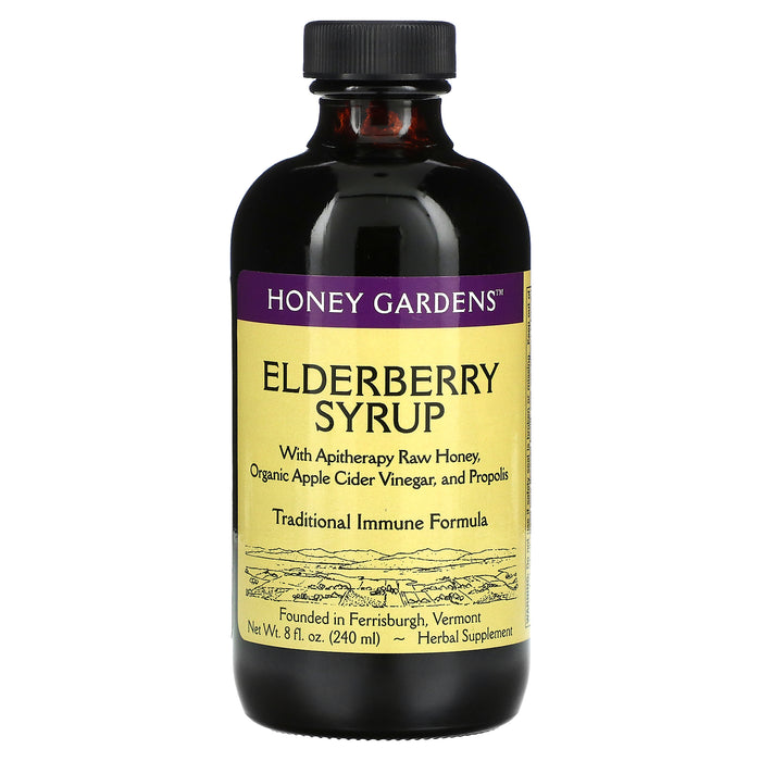 Honey Gardens, Elderberry Syrup with Apitherapy Raw Honey, Organic Apple Cider Vinegar, and Propolis , 4 fl oz (120 ml)