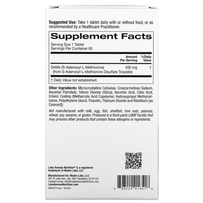 Lake Avenue Nutrition, SAMe ( Disulfate Tosylate), 400 mg, 60 Enteric Coated Tablets