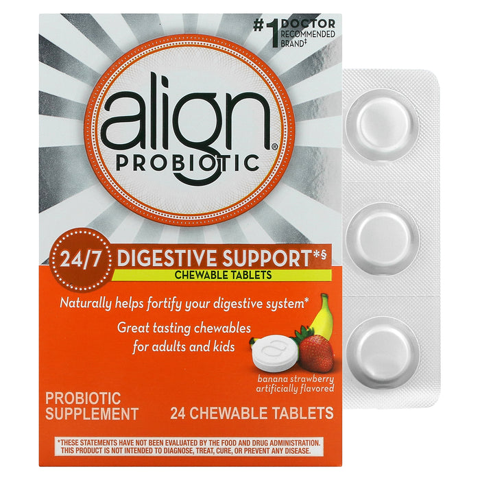Align Probiotics, 24/7 Digestive Support, Banana Strawberry, 24 Chewable Tablets