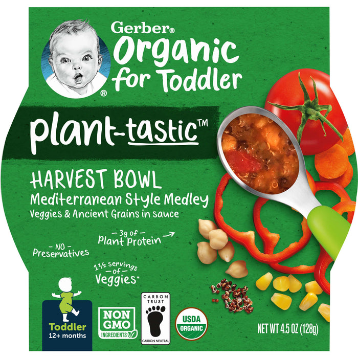 Gerber, Organic for Toddler, Harvest Bowl, Plant-Tastic, 12+ Months, Mediterranean Style Medley Veggies & Ancient Grains in Sauce, 4.5 oz (128 g)