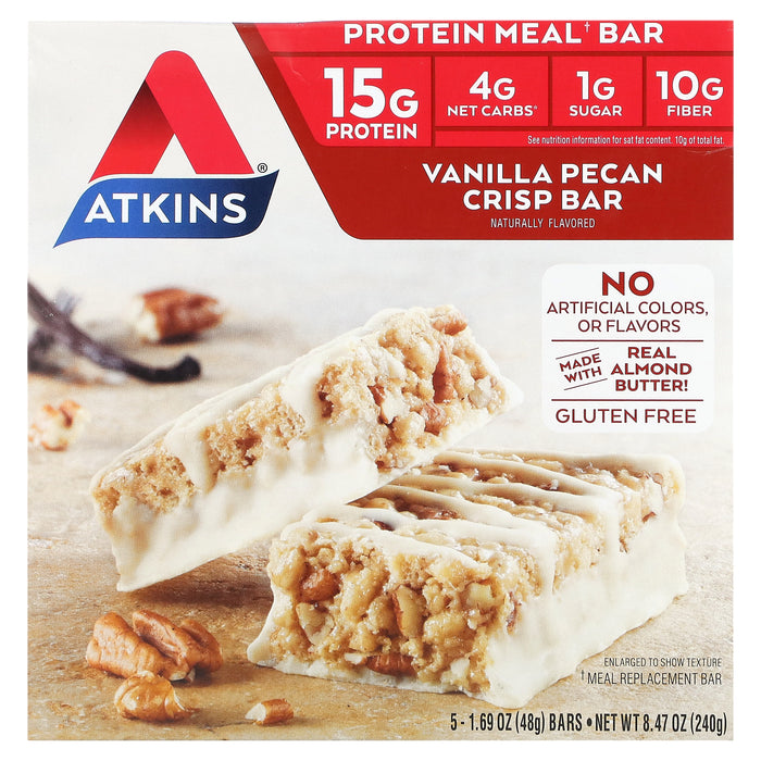 Atkins, Protein Meal Bar, Vanilla Pecan Crisp Bar, 5 Bars, 1.69 oz (48 g) Each