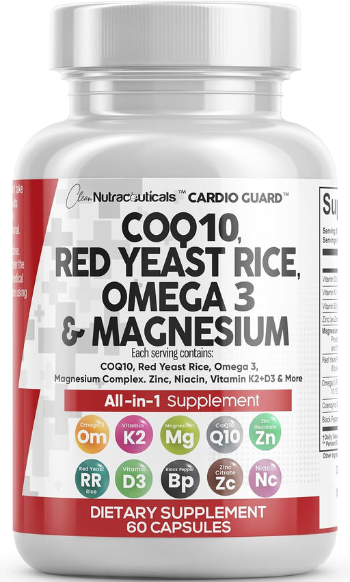 COQ10 200Mg Red Yeast Rice 3000Mg Omega 3 3000Mg Magnesium Complex 500Mg Niacin Zinc Vitamin K2 D3 - Heart Health Support Vitamins for Women and Men with Vitamin B3, Coenzyme Q10-60 Ct