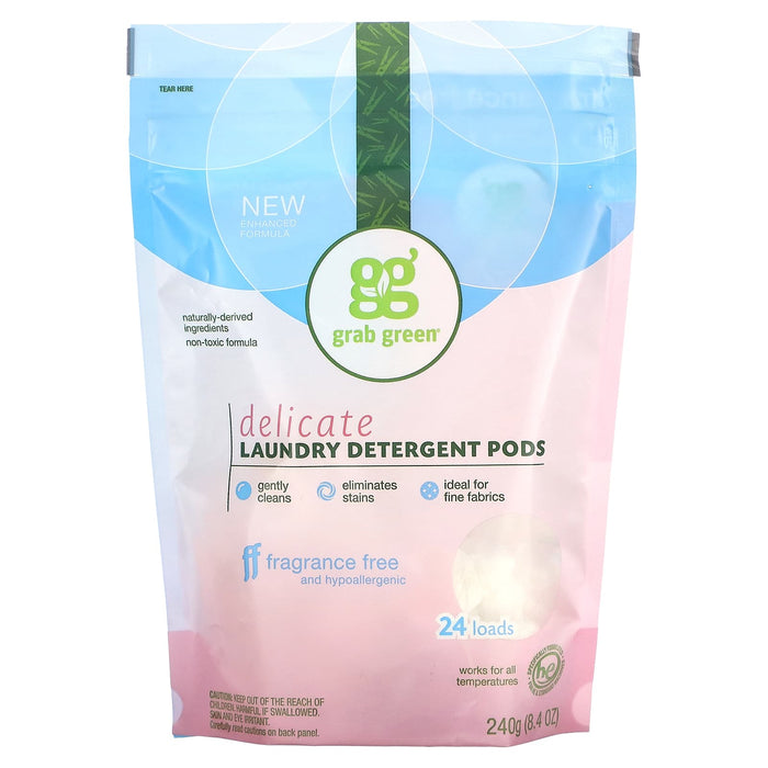 Grab Green, Delicate Laundry Detergent Pods, Fragrance Free, 24 Loads, 8.4 oz (240 g)