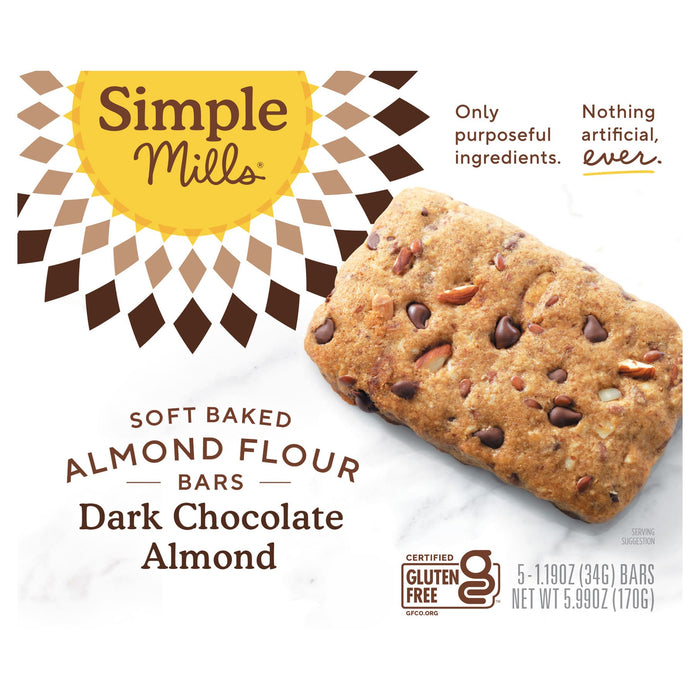 Simple Mills, Soft Baked Almond Flour Bars, Chocolate Brownie, 5 Bars, 1.19 oz (34 g) Each